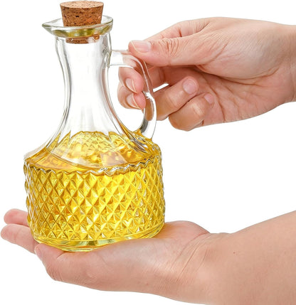 4 Pack Glass Oil and Vinegar Cruets Bottles, 13.5 Ounce Glass Olive Oil Dispenser Bottle with Handle and Cork, Soy Sauce Salad Dressing Syrup Liquid Dispenser for Kitchen