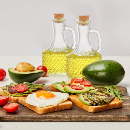 4 Pack Glass Oil and Vinegar Cruets Bottles, 13.5 Ounce Glass Olive Oil Dispenser Bottle with Handle and Cork, Soy Sauce Salad Dressing Syrup Liquid Dispenser for Kitchen