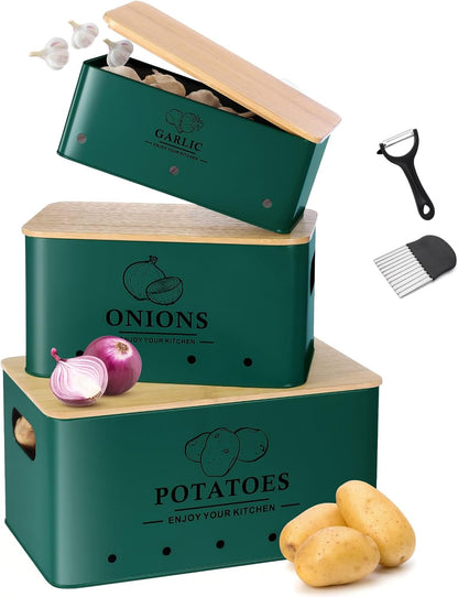 Kitchen Vegetable Storage Set of 3, Metal Onion Garlic Potato Storage Set, Kitchen Canisters Vegetable Keeper Containers with Aerating Holes and Wooden Lid (Dark Blue)