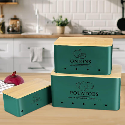 Kitchen Vegetable Storage Set of 3, Metal Onion Garlic Potato Storage Set, Kitchen Canisters Vegetable Keeper Containers with Aerating Holes and Wooden Lid (Dark Blue)