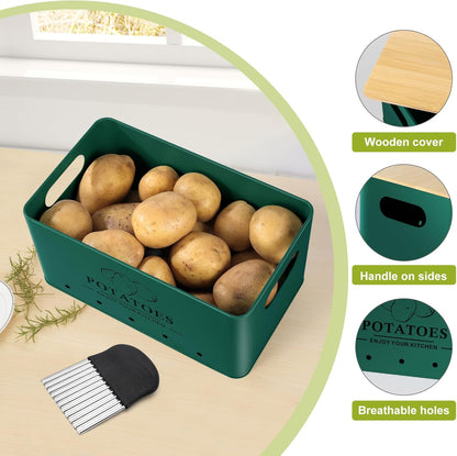 Kitchen Vegetable Storage Set of 3, Metal Onion Garlic Potato Storage Set, Kitchen Canisters Vegetable Keeper Containers with Aerating Holes and Wooden Lid (Dark Blue)