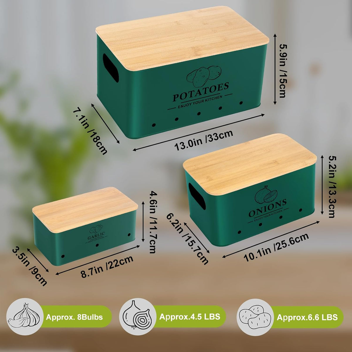 Kitchen Vegetable Storage Set of 3, Metal Onion Garlic Potato Storage Set, Kitchen Canisters Vegetable Keeper Containers with Aerating Holes and Wooden Lid (Dark Blue)