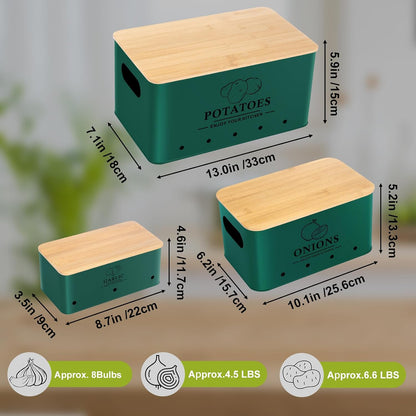 Kitchen Vegetable Storage Set of 3, Metal Onion Garlic Potato Storage Set, Kitchen Canisters Vegetable Keeper Containers with Aerating Holes and Wooden Lid (Dark Blue)