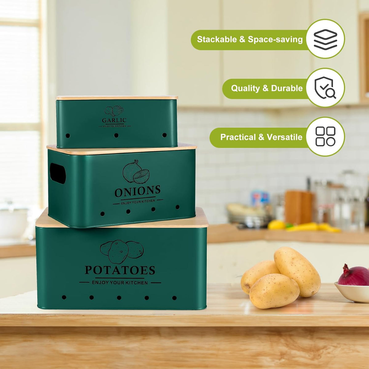 Kitchen Vegetable Storage Set of 3, Metal Onion Garlic Potato Storage Set, Kitchen Canisters Vegetable Keeper Containers with Aerating Holes and Wooden Lid (Dark Blue)