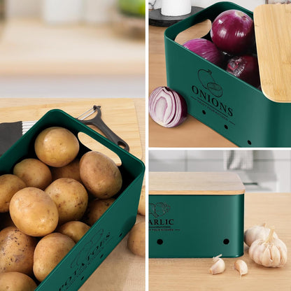 Kitchen Vegetable Storage Set of 3, Metal Onion Garlic Potato Storage Set, Kitchen Canisters Vegetable Keeper Containers with Aerating Holes and Wooden Lid (Dark Blue)