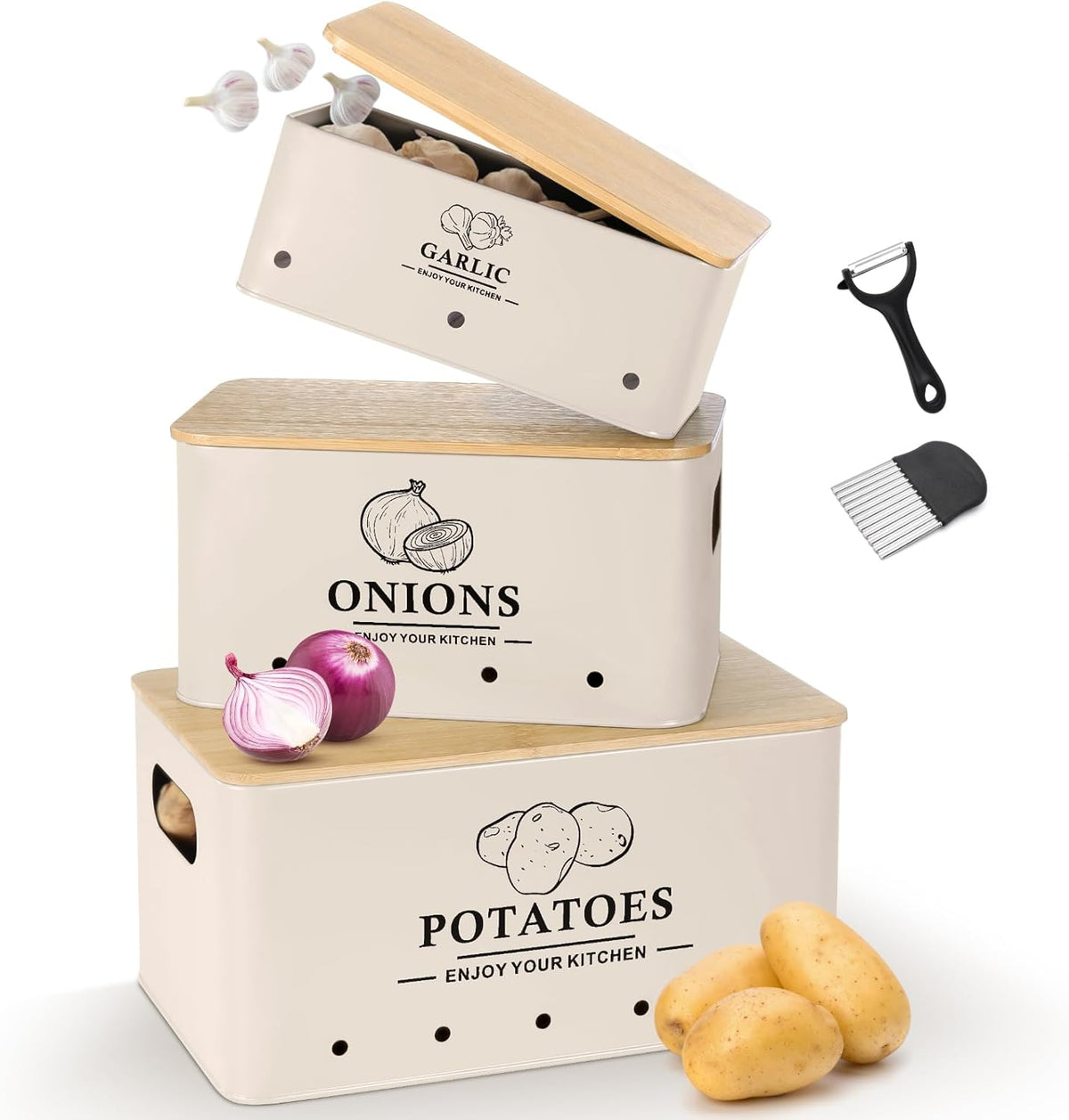 Kitchen Vegetable Storage Set of 3, Metal Onion Garlic Potato Storage Set, Kitchen Canisters Vegetable Keeper Containers with Aerating Holes and Wooden Lid (Dark Blue)