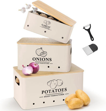 Kitchen Vegetable Storage Set of 3, Metal Onion Garlic Potato Storage Set, Kitchen Canisters Vegetable Keeper Containers with Aerating Holes and Wooden Lid (Dark Blue)