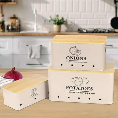 Kitchen Vegetable Storage Set of 3, Metal Onion Garlic Potato Storage Set, Kitchen Canisters Vegetable Keeper Containers with Aerating Holes and Wooden Lid (Dark Blue)
