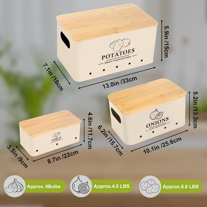 Kitchen Vegetable Storage Set of 3, Metal Onion Garlic Potato Storage Set, Kitchen Canisters Vegetable Keeper Containers with Aerating Holes and Wooden Lid (Dark Blue)