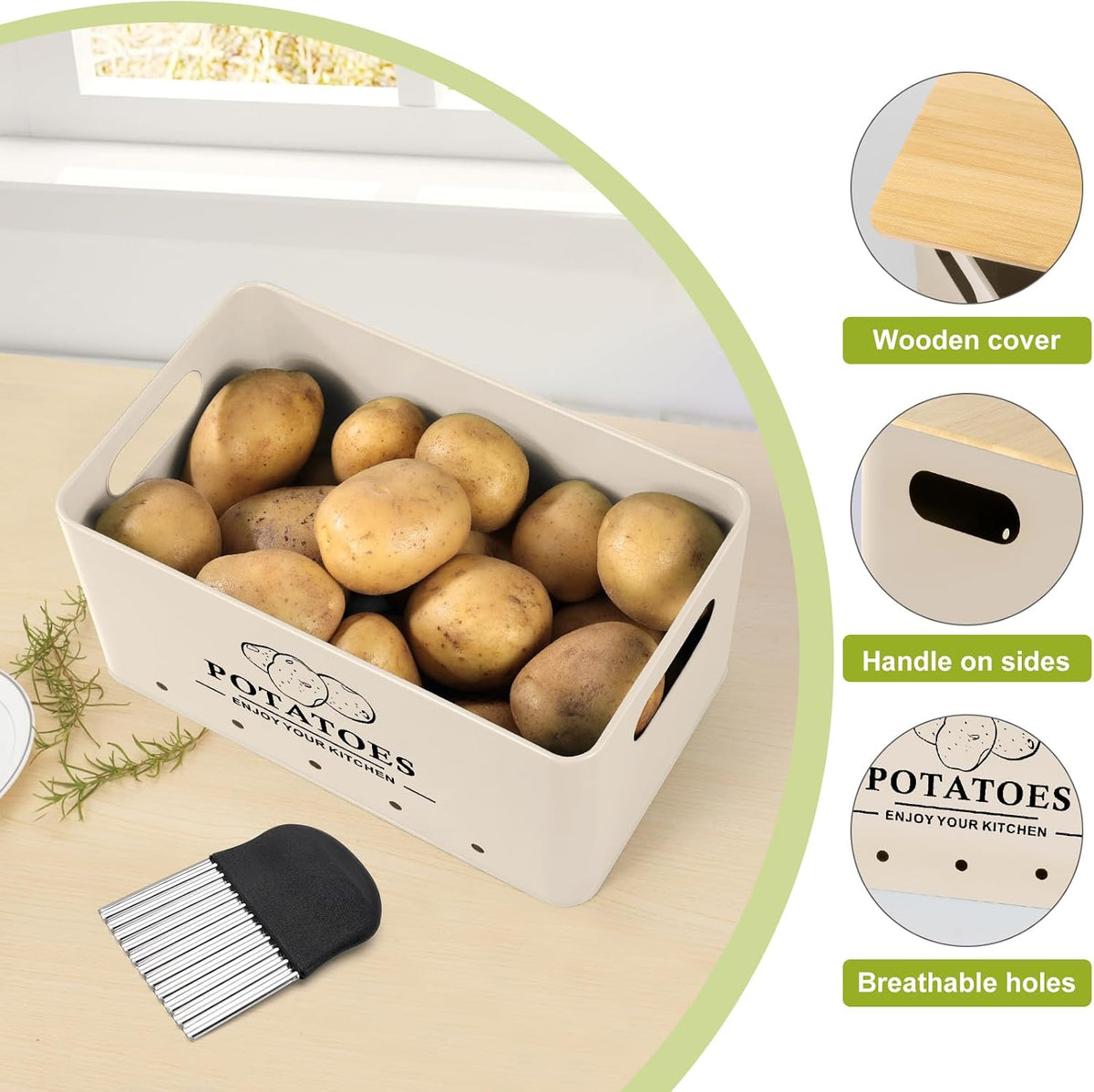 Kitchen Vegetable Storage Set of 3, Metal Onion Garlic Potato Storage Set, Kitchen Canisters Vegetable Keeper Containers with Aerating Holes and Wooden Lid (Dark Blue)