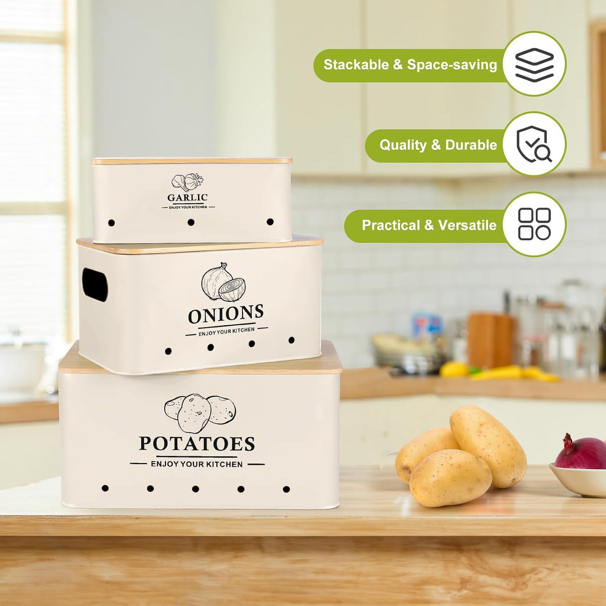 Kitchen Vegetable Storage Set of 3, Metal Onion Garlic Potato Storage Set, Kitchen Canisters Vegetable Keeper Containers with Aerating Holes and Wooden Lid (Dark Blue)