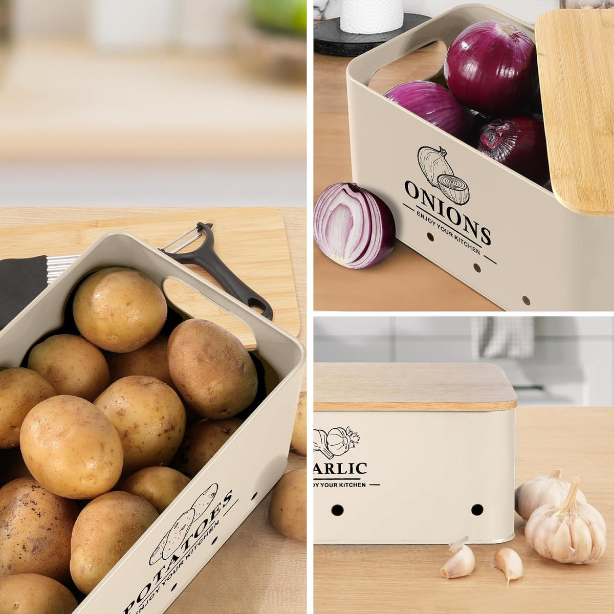 Kitchen Vegetable Storage Set of 3, Metal Onion Garlic Potato Storage Set, Kitchen Canisters Vegetable Keeper Containers with Aerating Holes and Wooden Lid (Dark Blue)