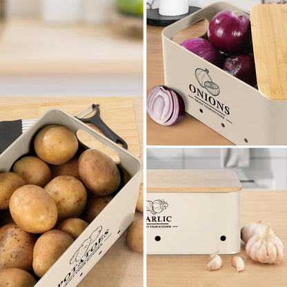 Kitchen Vegetable Storage Set of 3, Metal Onion Garlic Potato Storage Set, Kitchen Canisters Vegetable Keeper Containers with Aerating Holes and Wooden Lid (Dark Blue)