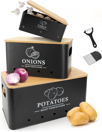 Kitchen Vegetable Storage Set of 3, Metal Onion Garlic Potato Storage Set, Kitchen Canisters Vegetable Keeper Containers with Aerating Holes and Wooden Lid (Dark Blue)