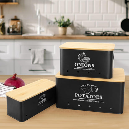 Kitchen Vegetable Storage Set of 3, Metal Onion Garlic Potato Storage Set, Kitchen Canisters Vegetable Keeper Containers with Aerating Holes and Wooden Lid (Dark Blue)
