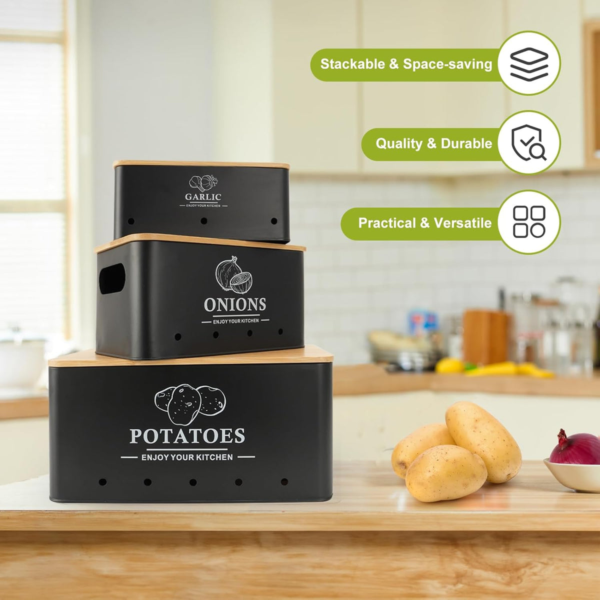 Kitchen Vegetable Storage Set of 3, Metal Onion Garlic Potato Storage Set, Kitchen Canisters Vegetable Keeper Containers with Aerating Holes and Wooden Lid (Dark Blue)