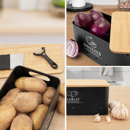 Kitchen Vegetable Storage Set of 3, Metal Onion Garlic Potato Storage Set, Kitchen Canisters Vegetable Keeper Containers with Aerating Holes and Wooden Lid (Dark Blue)