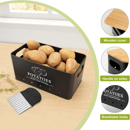 Kitchen Vegetable Storage Set of 3, Metal Onion Garlic Potato Storage Set, Kitchen Canisters Vegetable Keeper Containers with Aerating Holes and Wooden Lid (Dark Blue)