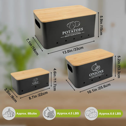 Kitchen Vegetable Storage Set of 3, Metal Onion Garlic Potato Storage Set, Kitchen Canisters Vegetable Keeper Containers with Aerating Holes and Wooden Lid (Dark Blue)