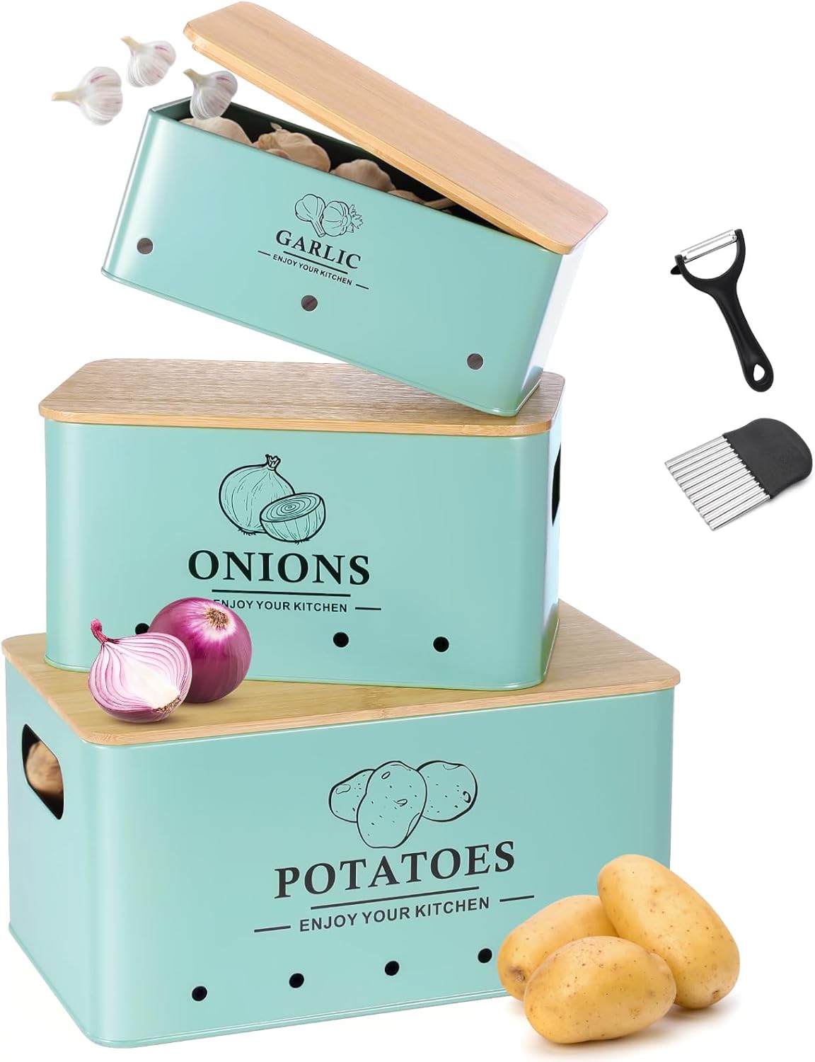 Kitchen Vegetable Storage Set of 3, Metal Onion Garlic Potato Storage Set, Kitchen Canisters Vegetable Keeper Containers with Aerating Holes and Wooden Lid (Dark Blue)