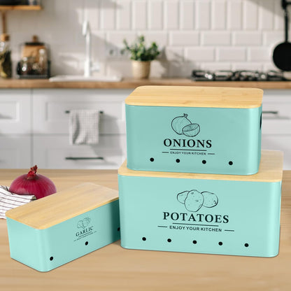 Kitchen Vegetable Storage Set of 3, Metal Onion Garlic Potato Storage Set, Kitchen Canisters Vegetable Keeper Containers with Aerating Holes and Wooden Lid (Dark Blue)