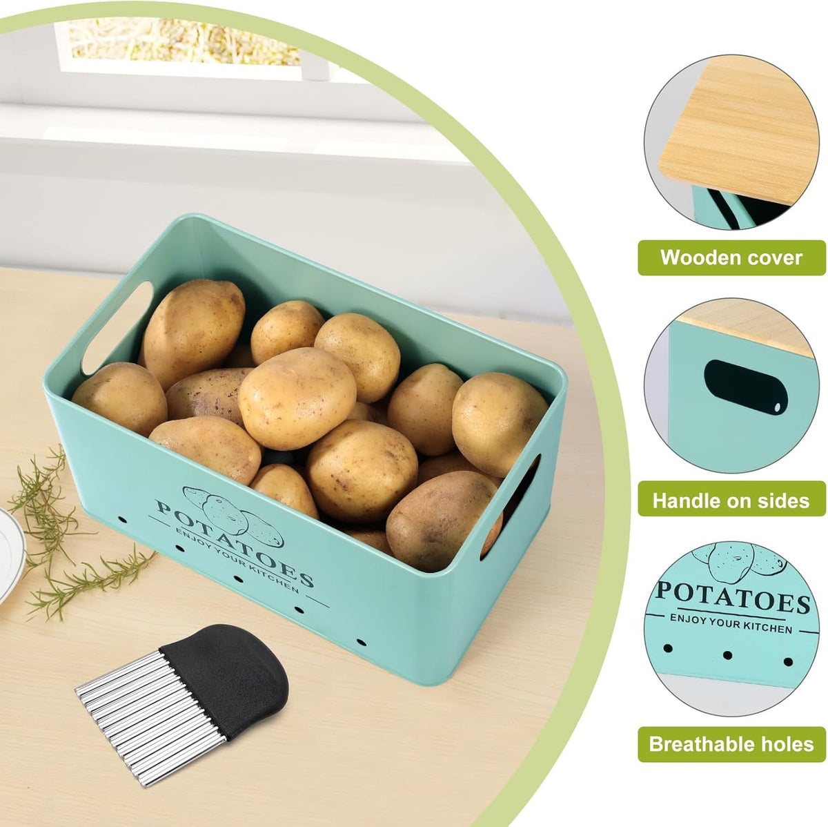 Kitchen Vegetable Storage Set of 3, Metal Onion Garlic Potato Storage Set, Kitchen Canisters Vegetable Keeper Containers with Aerating Holes and Wooden Lid (Dark Blue)