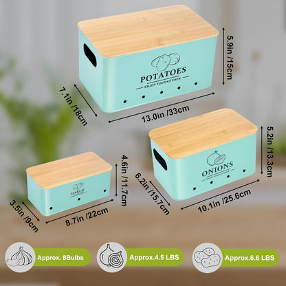 Kitchen Vegetable Storage Set of 3, Metal Onion Garlic Potato Storage Set, Kitchen Canisters Vegetable Keeper Containers with Aerating Holes and Wooden Lid (Dark Blue)