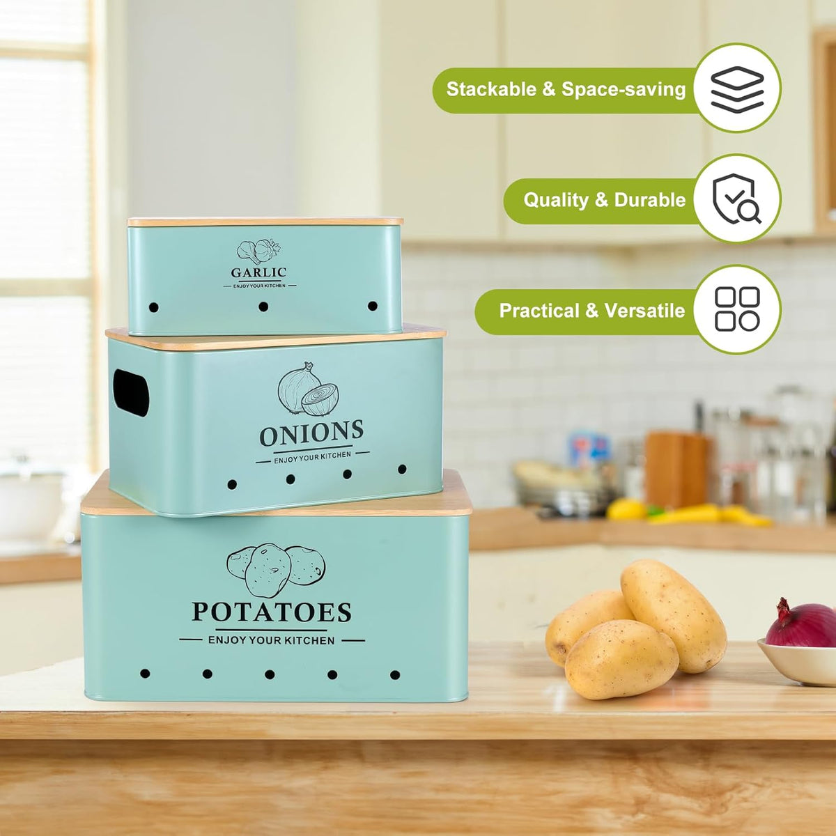 Kitchen Vegetable Storage Set of 3, Metal Onion Garlic Potato Storage Set, Kitchen Canisters Vegetable Keeper Containers with Aerating Holes and Wooden Lid (Dark Blue)