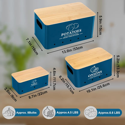 Kitchen Vegetable Storage Set of 3, Metal Onion Garlic Potato Storage Set, Kitchen Canisters Vegetable Keeper Containers with Aerating Holes and Wooden Lid (Dark Blue)
