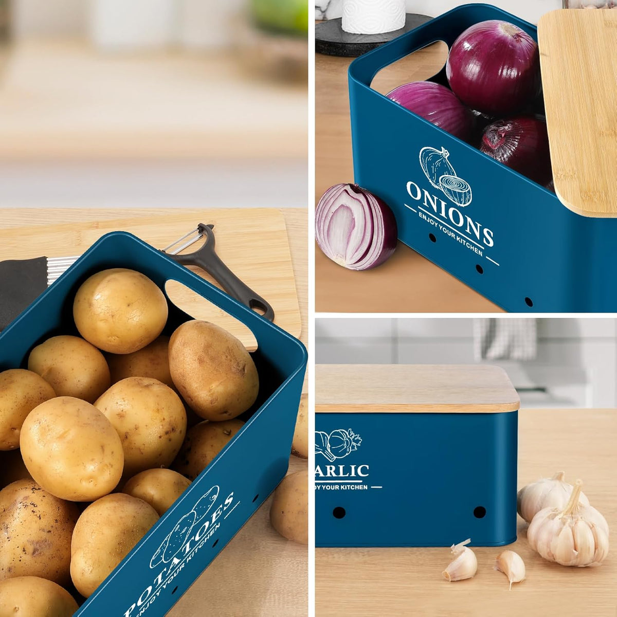 Kitchen Vegetable Storage Set of 3, Metal Onion Garlic Potato Storage Set, Kitchen Canisters Vegetable Keeper Containers with Aerating Holes and Wooden Lid (Dark Blue)