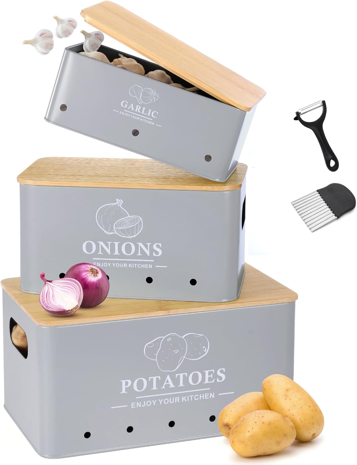 Kitchen Vegetable Storage Set of 3, Metal Onion Garlic Potato Storage Set, Kitchen Canisters Vegetable Keeper Containers with Aerating Holes and Wooden Lid (Dark Blue)