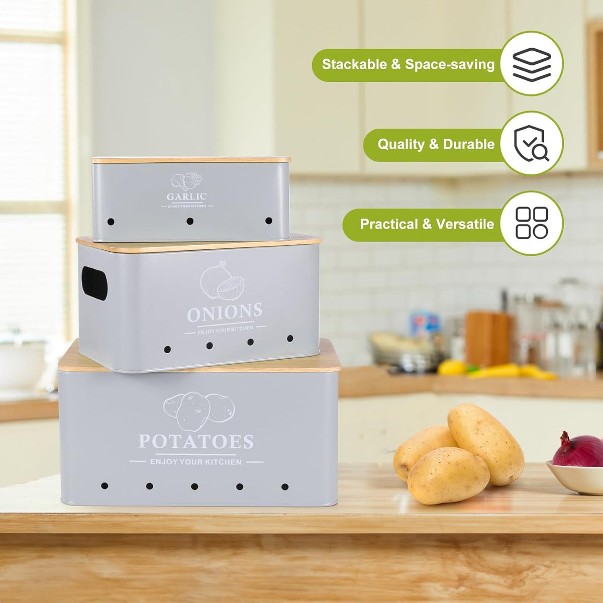 Kitchen Vegetable Storage Set of 3, Metal Onion Garlic Potato Storage Set, Kitchen Canisters Vegetable Keeper Containers with Aerating Holes and Wooden Lid (Dark Blue)