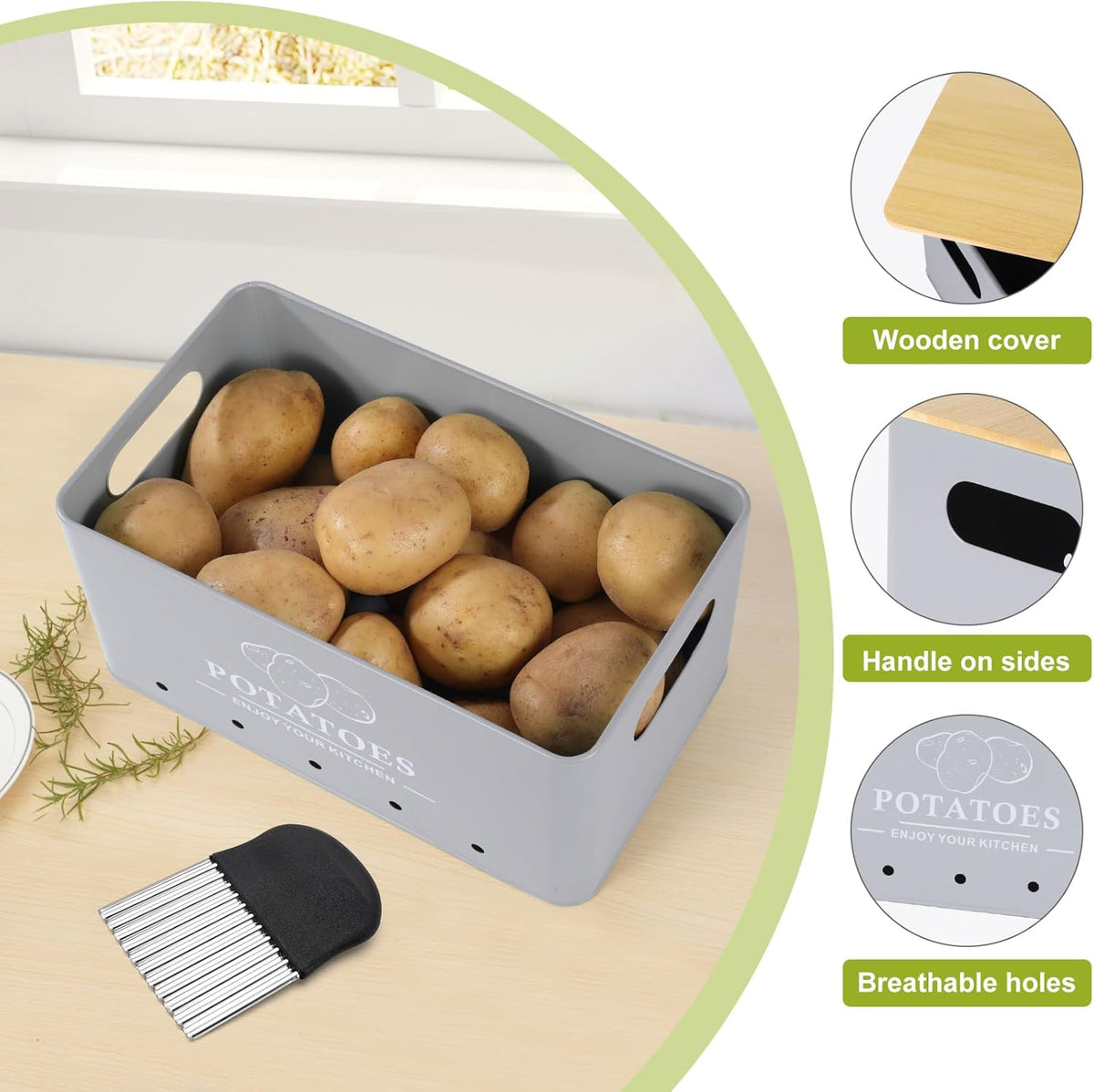 Kitchen Vegetable Storage Set of 3, Metal Onion Garlic Potato Storage Set, Kitchen Canisters Vegetable Keeper Containers with Aerating Holes and Wooden Lid (Dark Blue)