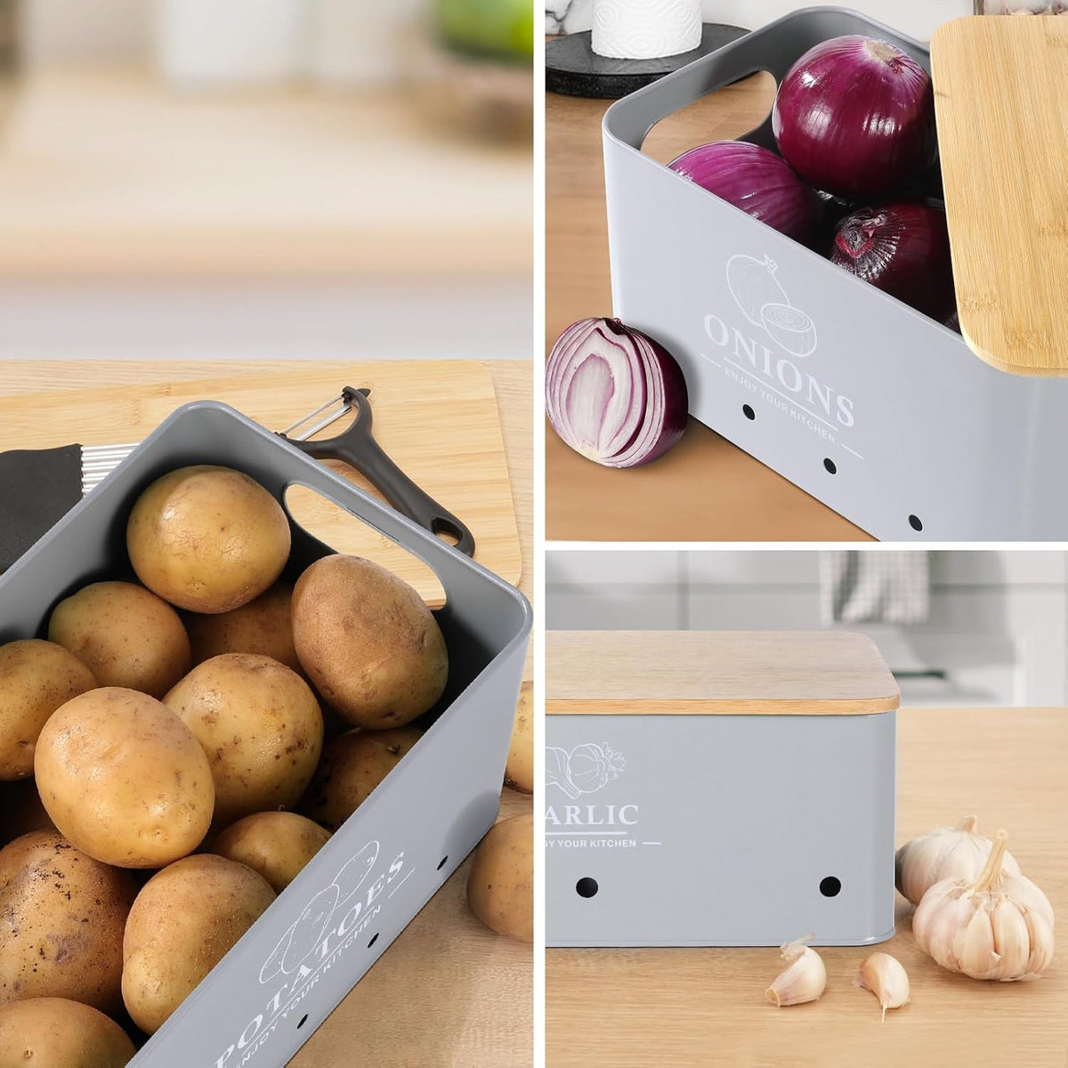 Kitchen Vegetable Storage Set of 3, Metal Onion Garlic Potato Storage Set, Kitchen Canisters Vegetable Keeper Containers with Aerating Holes and Wooden Lid (Dark Blue)