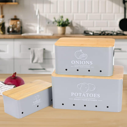 Kitchen Vegetable Storage Set of 3, Metal Onion Garlic Potato Storage Set, Kitchen Canisters Vegetable Keeper Containers with Aerating Holes and Wooden Lid (Dark Blue)