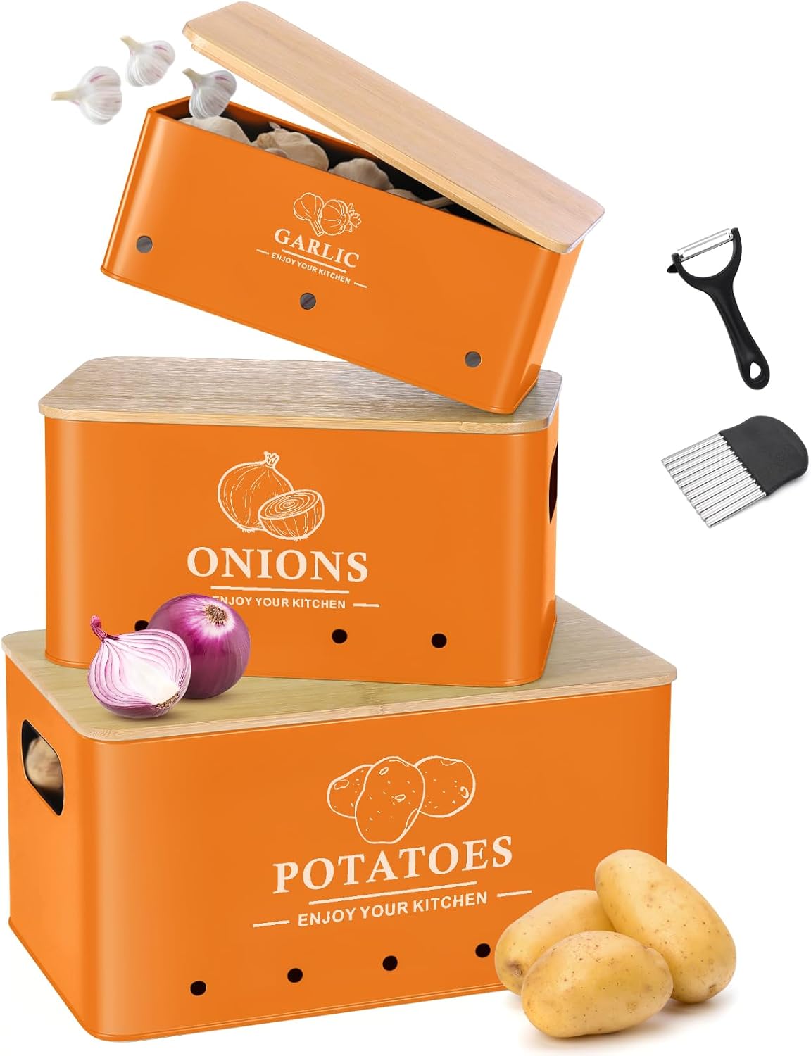 Kitchen Vegetable Storage Set of 3, Metal Onion Garlic Potato Storage Set, Kitchen Canisters Vegetable Keeper Containers with Aerating Holes and Wooden Lid (Dark Blue)