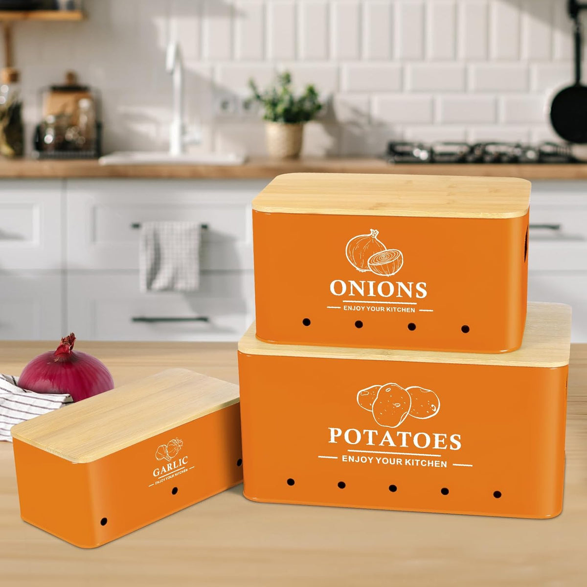 Kitchen Vegetable Storage Set of 3, Metal Onion Garlic Potato Storage Set, Kitchen Canisters Vegetable Keeper Containers with Aerating Holes and Wooden Lid (Dark Blue)