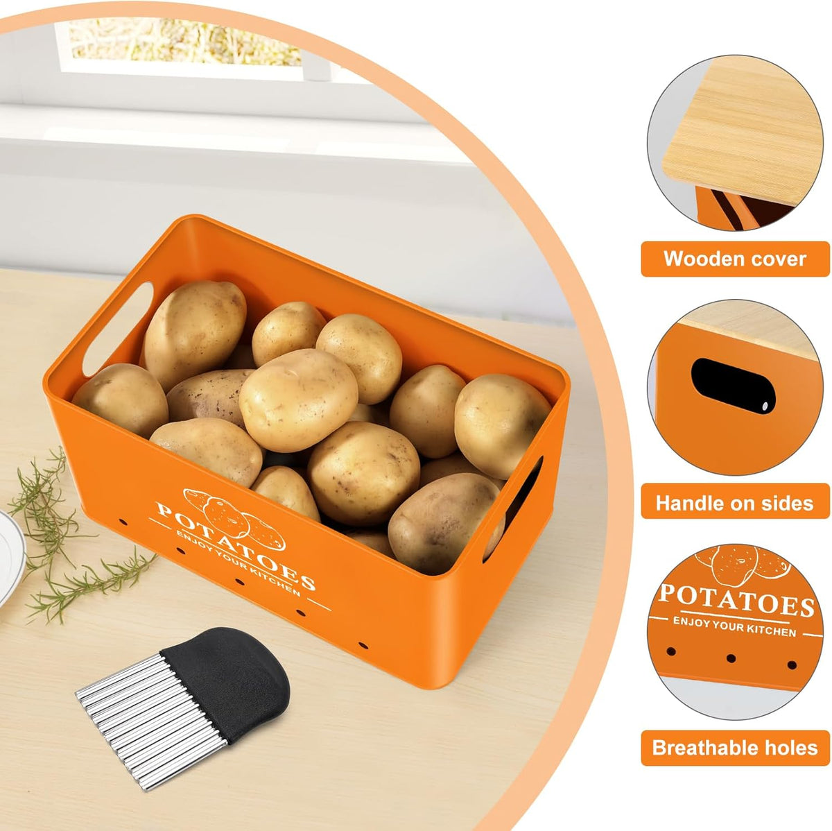 Kitchen Vegetable Storage Set of 3, Metal Onion Garlic Potato Storage Set, Kitchen Canisters Vegetable Keeper Containers with Aerating Holes and Wooden Lid (Dark Blue)