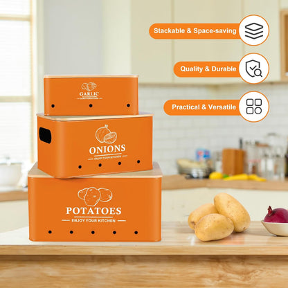 Kitchen Vegetable Storage Set of 3, Metal Onion Garlic Potato Storage Set, Kitchen Canisters Vegetable Keeper Containers with Aerating Holes and Wooden Lid (Dark Blue)