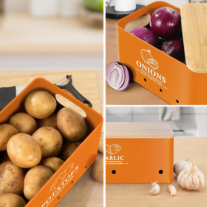 Kitchen Vegetable Storage Set of 3, Metal Onion Garlic Potato Storage Set, Kitchen Canisters Vegetable Keeper Containers with Aerating Holes and Wooden Lid (Dark Blue)