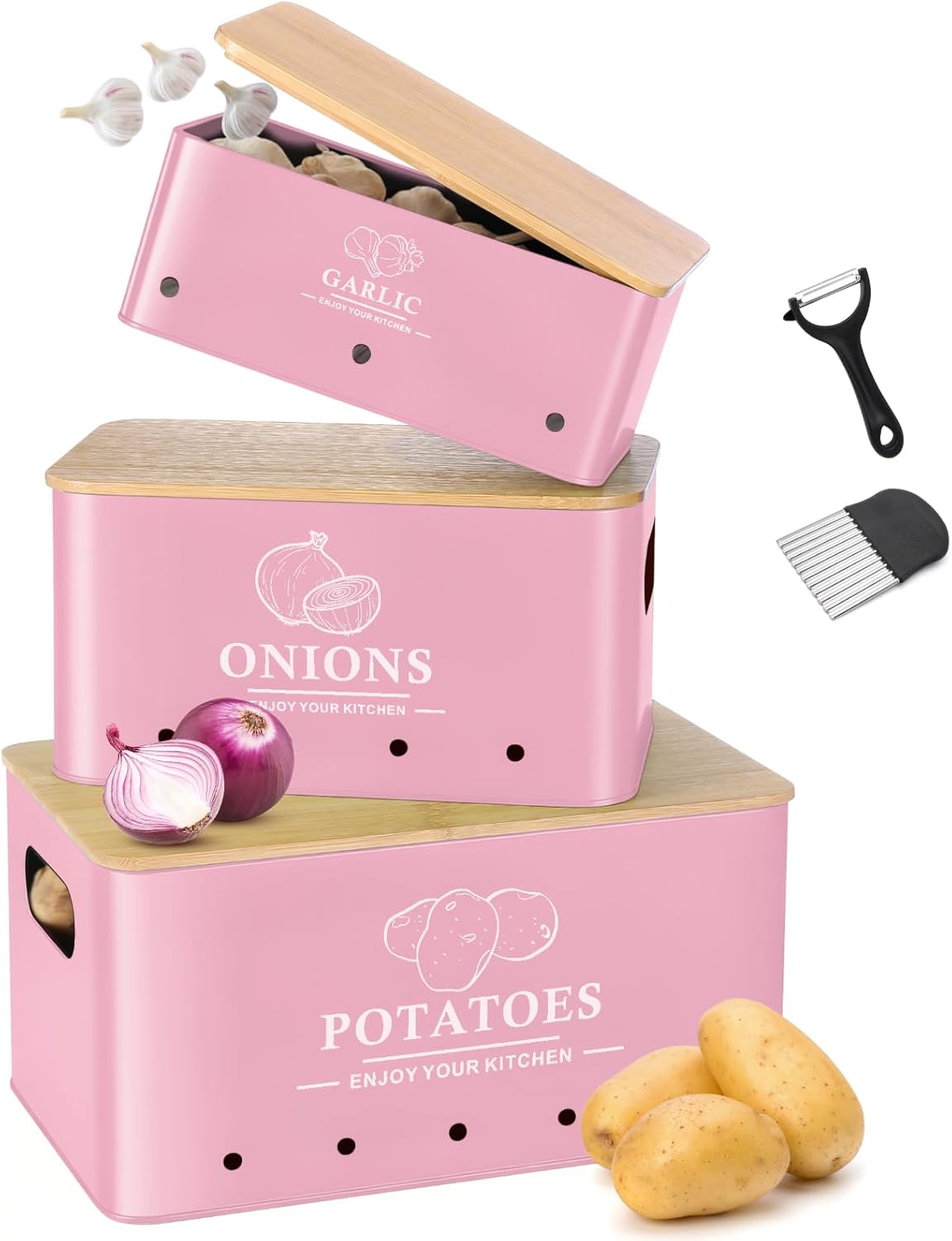 Kitchen Vegetable Storage Set of 3, Metal Onion Garlic Potato Storage Set, Kitchen Canisters Vegetable Keeper Containers with Aerating Holes and Wooden Lid (Dark Blue)
