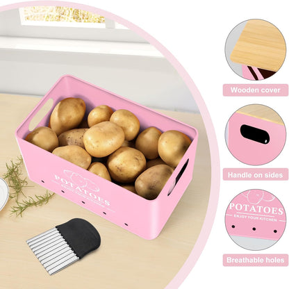 Kitchen Vegetable Storage Set of 3, Metal Onion Garlic Potato Storage Set, Kitchen Canisters Vegetable Keeper Containers with Aerating Holes and Wooden Lid (Dark Blue)