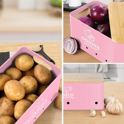 Kitchen Vegetable Storage Set of 3, Metal Onion Garlic Potato Storage Set, Kitchen Canisters Vegetable Keeper Containers with Aerating Holes and Wooden Lid (Dark Blue)