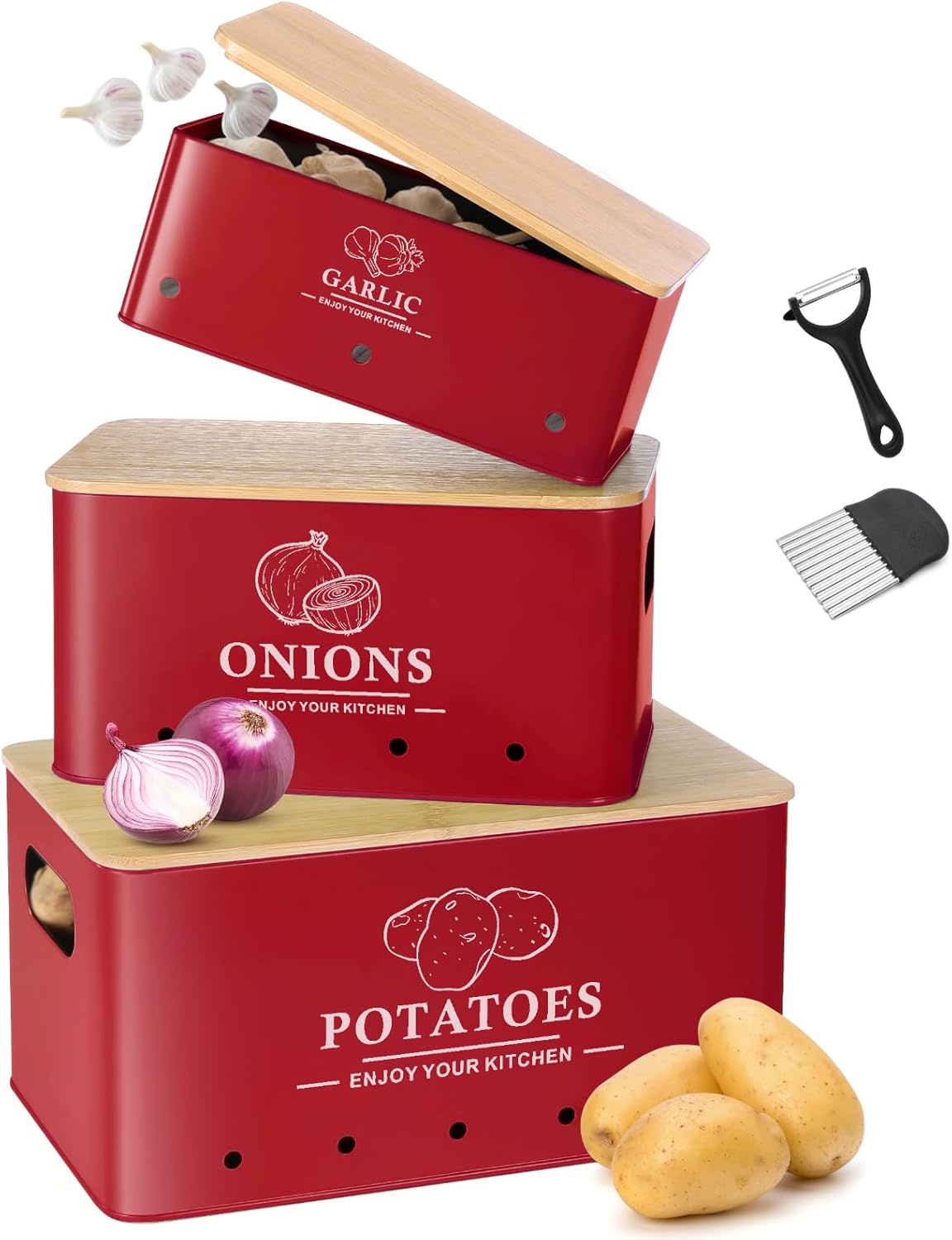 Kitchen Vegetable Storage Set of 3, Metal Onion Garlic Potato Storage Set, Kitchen Canisters Vegetable Keeper Containers with Aerating Holes and Wooden Lid (Dark Blue)