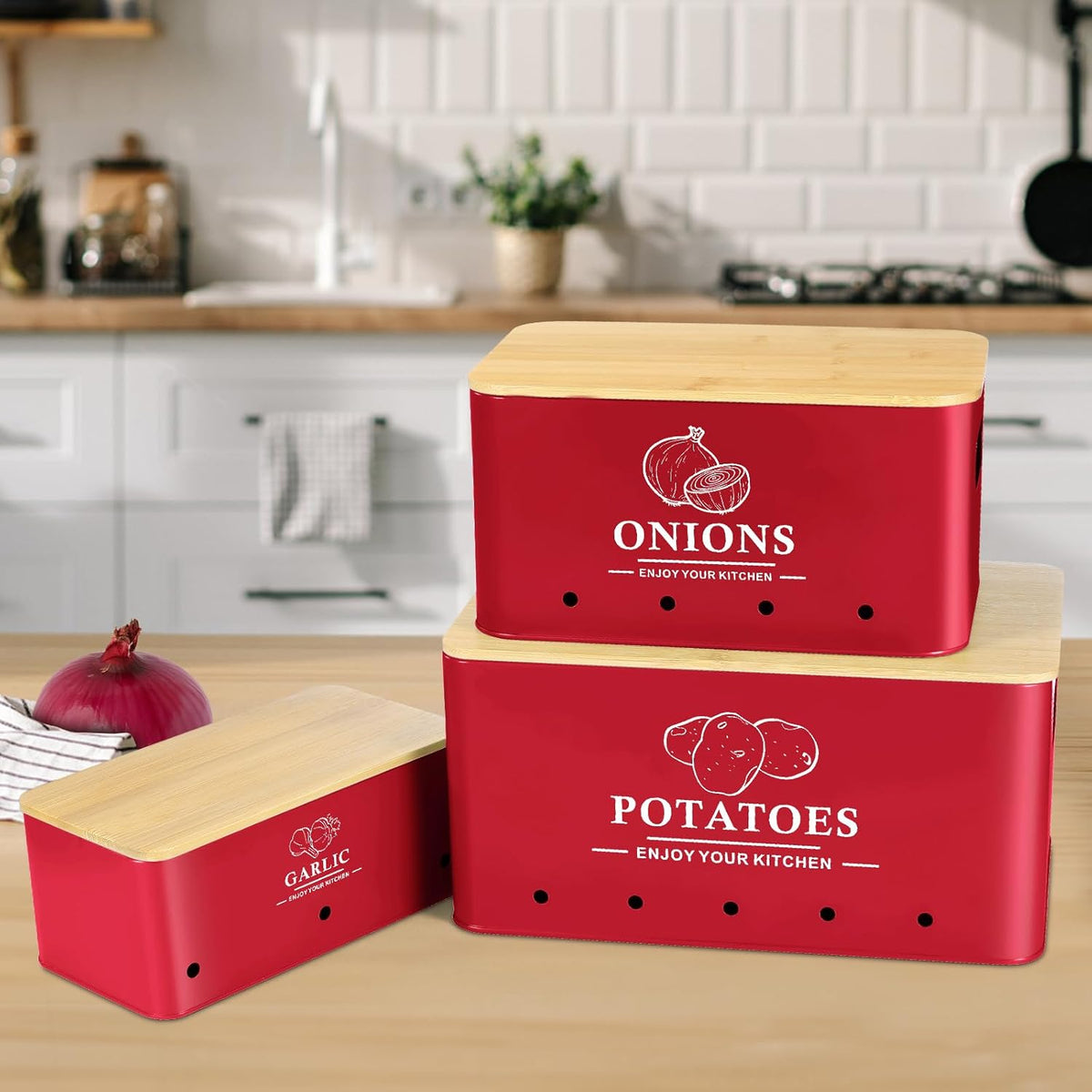 Kitchen Vegetable Storage Set of 3, Metal Onion Garlic Potato Storage Set, Kitchen Canisters Vegetable Keeper Containers with Aerating Holes and Wooden Lid (Dark Blue)