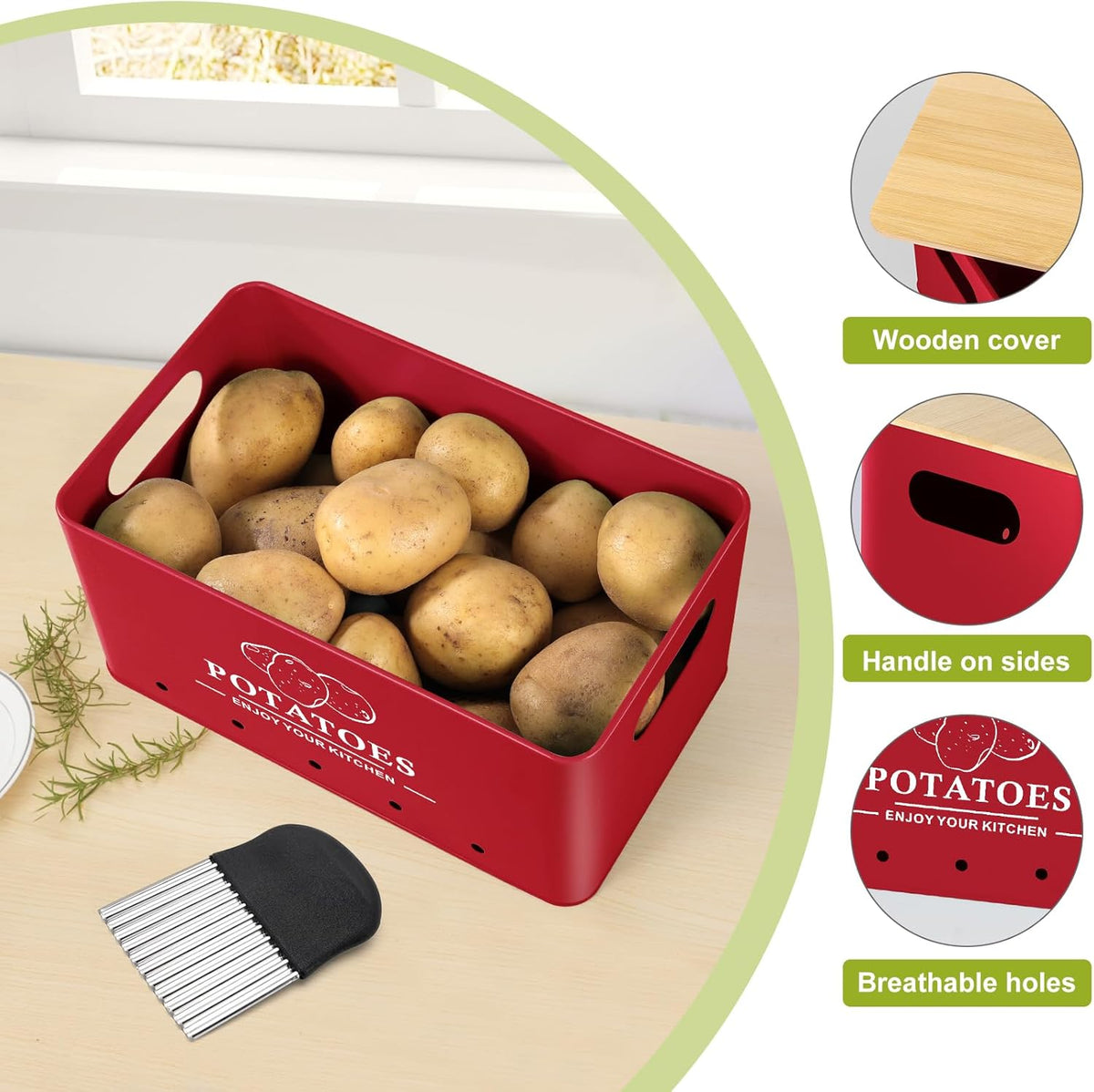 Kitchen Vegetable Storage Set of 3, Metal Onion Garlic Potato Storage Set, Kitchen Canisters Vegetable Keeper Containers with Aerating Holes and Wooden Lid (Dark Blue)