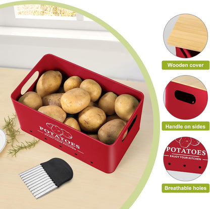 Kitchen Vegetable Storage Set of 3, Metal Onion Garlic Potato Storage Set, Kitchen Canisters Vegetable Keeper Containers with Aerating Holes and Wooden Lid (Dark Blue)