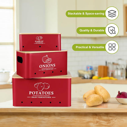 Kitchen Vegetable Storage Set of 3, Metal Onion Garlic Potato Storage Set, Kitchen Canisters Vegetable Keeper Containers with Aerating Holes and Wooden Lid (Dark Blue)