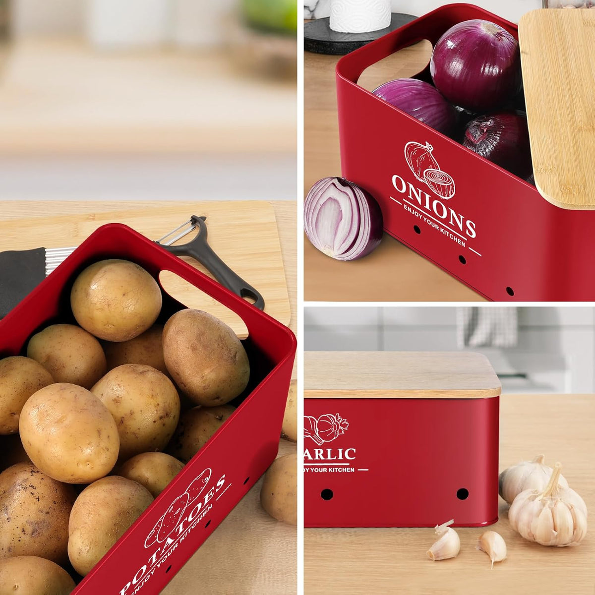 Kitchen Vegetable Storage Set of 3, Metal Onion Garlic Potato Storage Set, Kitchen Canisters Vegetable Keeper Containers with Aerating Holes and Wooden Lid (Dark Blue)