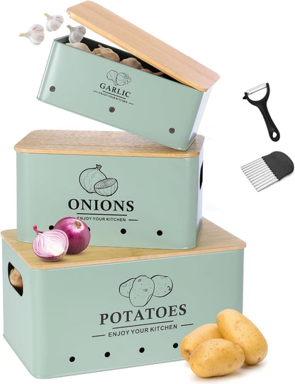 Kitchen Vegetable Storage Set of 3, Metal Onion Garlic Potato Storage Set, Kitchen Canisters Vegetable Keeper Containers with Aerating Holes and Wooden Lid (Dark Blue)